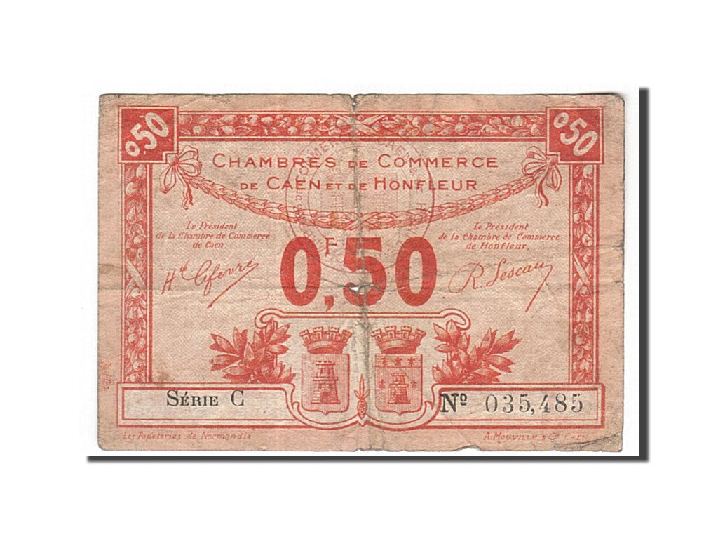 Banconote, Pirot:34-16, MB, Caen et Honfleur, 50 Centimes, 1920, Francia