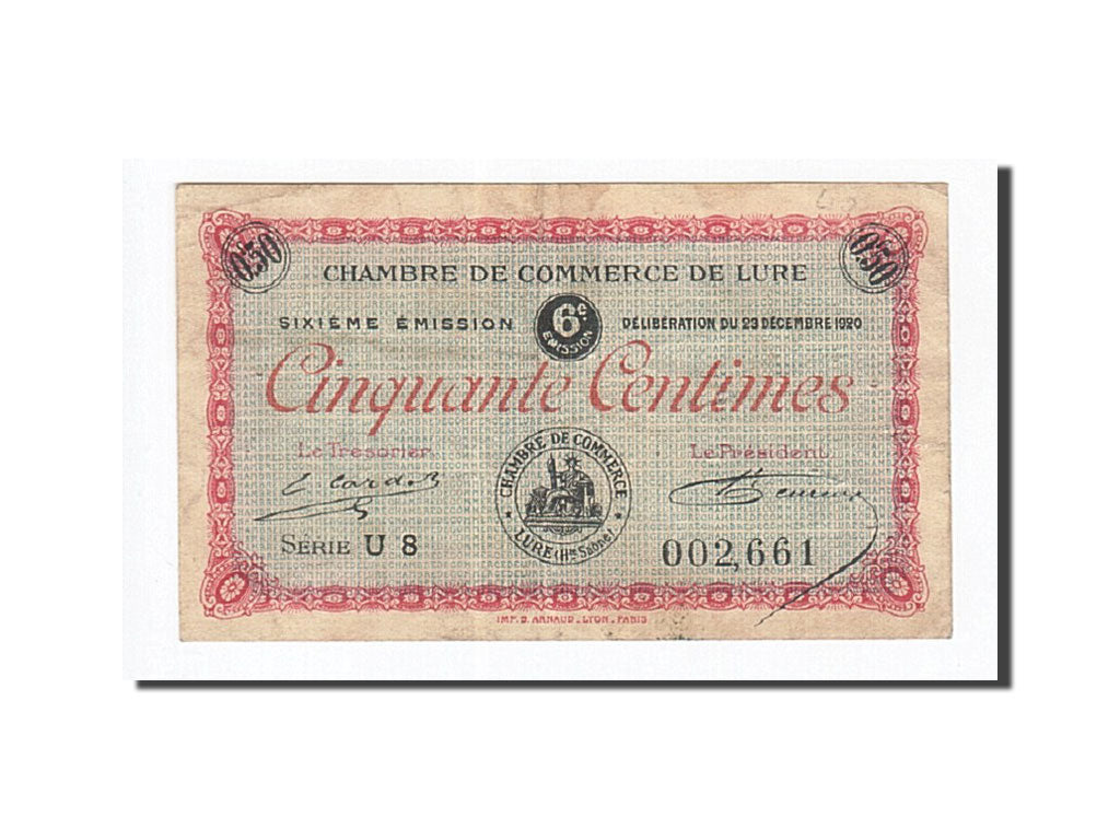 Banconote, Pirot:76-36, BB, Lure, 50 Centimes, 1920, Francia