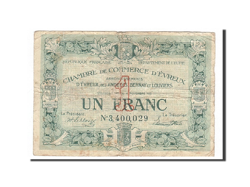 Banknot, Francja, Evreux, 1 Franc, 1921, VF(20-25), Pirot:57-23
