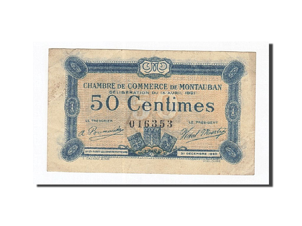 Banconote, Pirot:83-17, BB+, Montauban, 50 Centimes, 1921, Francia