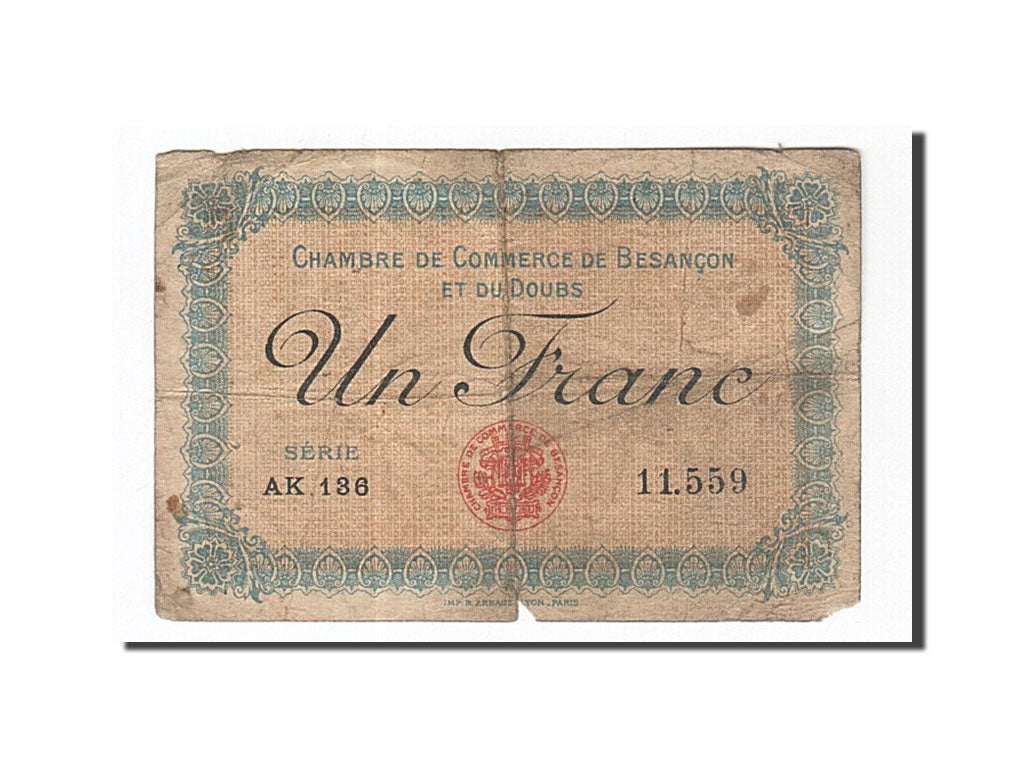 Banknot, Francja, Besançon, 1 Franc, 1915, F(12-15), Pirot:25-13
