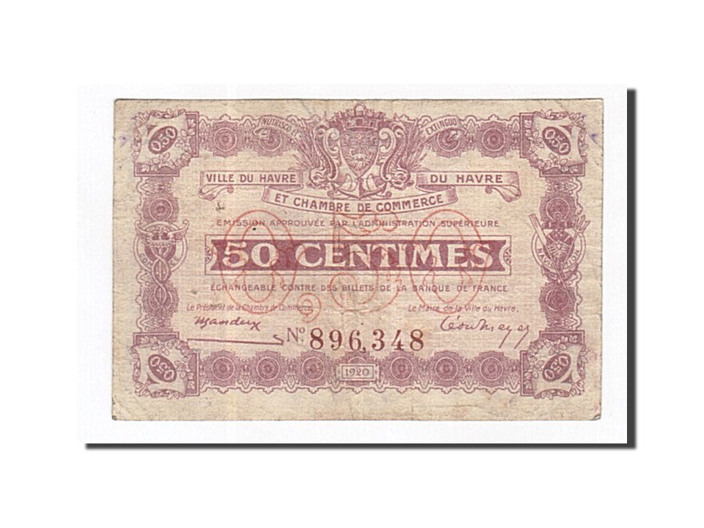 Billete, 50 Centimes, Pirot:68-26, 1920, Francia, BC+, Le Havre