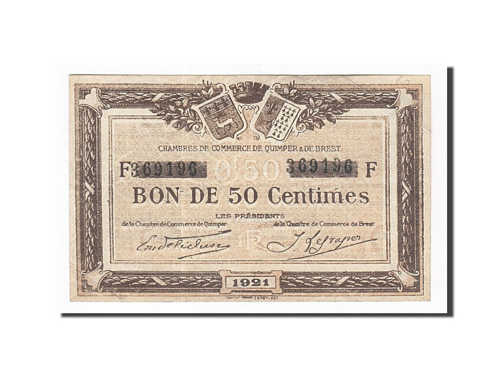 Banconote, Pirot:104-19, SPL-, Quimper et Brest, 50 Centimes, 1921, Francia