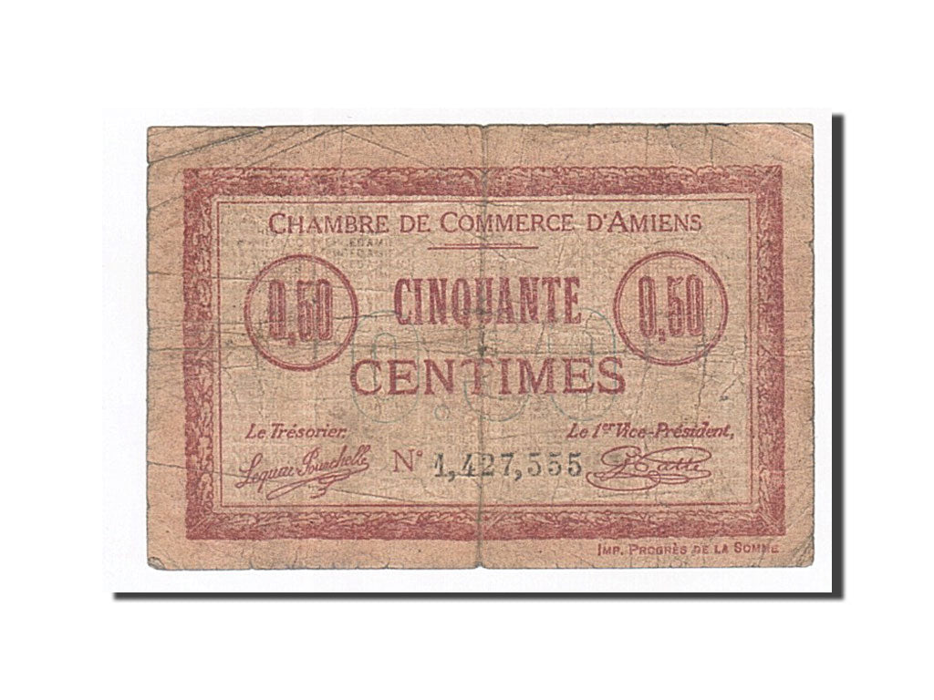 Banconote, Pirot:7-26, B+, Amiens, 50 Centimes, 1915, Francia