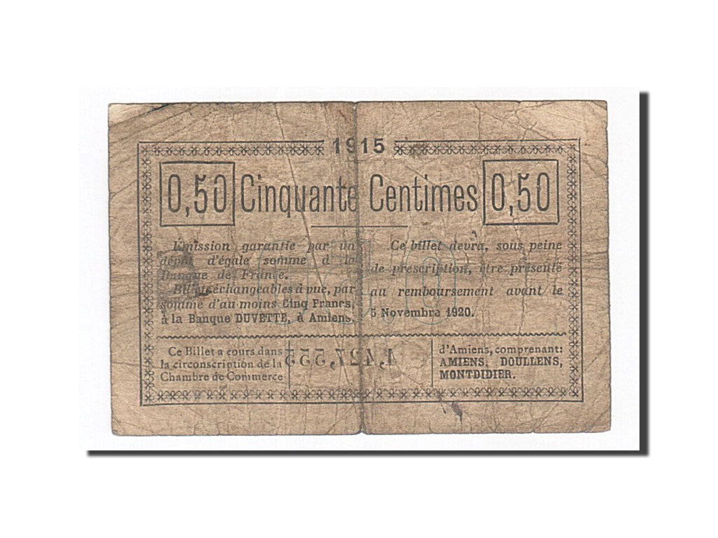 Banconote, Pirot:7-26, B+, Amiens, 50 Centimes, 1915, Francia