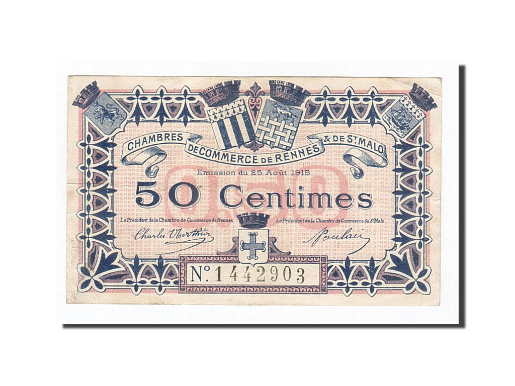 Banknot, Francja, Rennes et Saint-Malo, 50 Centimes, 1915, AU(50-53)
