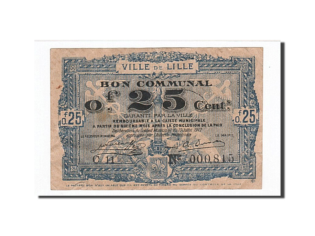 Banconote, Pirot:59-1621, BB, Lille, 25 Centimes, 1917, Francia