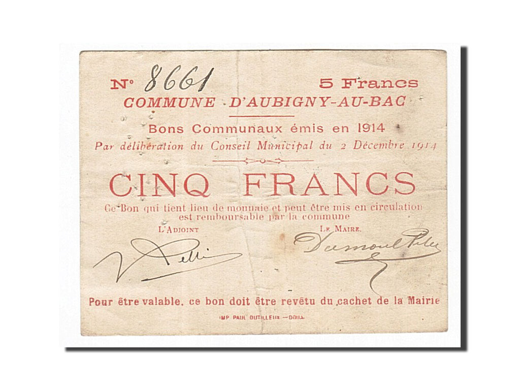 Banknote, Pirot:59-149, 5 Francs, 1914, France, EF(40-45), Aubigny-au-Bac