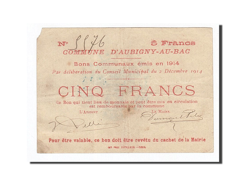 Banknote, Pirot:59-151, 5 Francs, 1914, France, EF(40-45), Aubigny-au-Bac