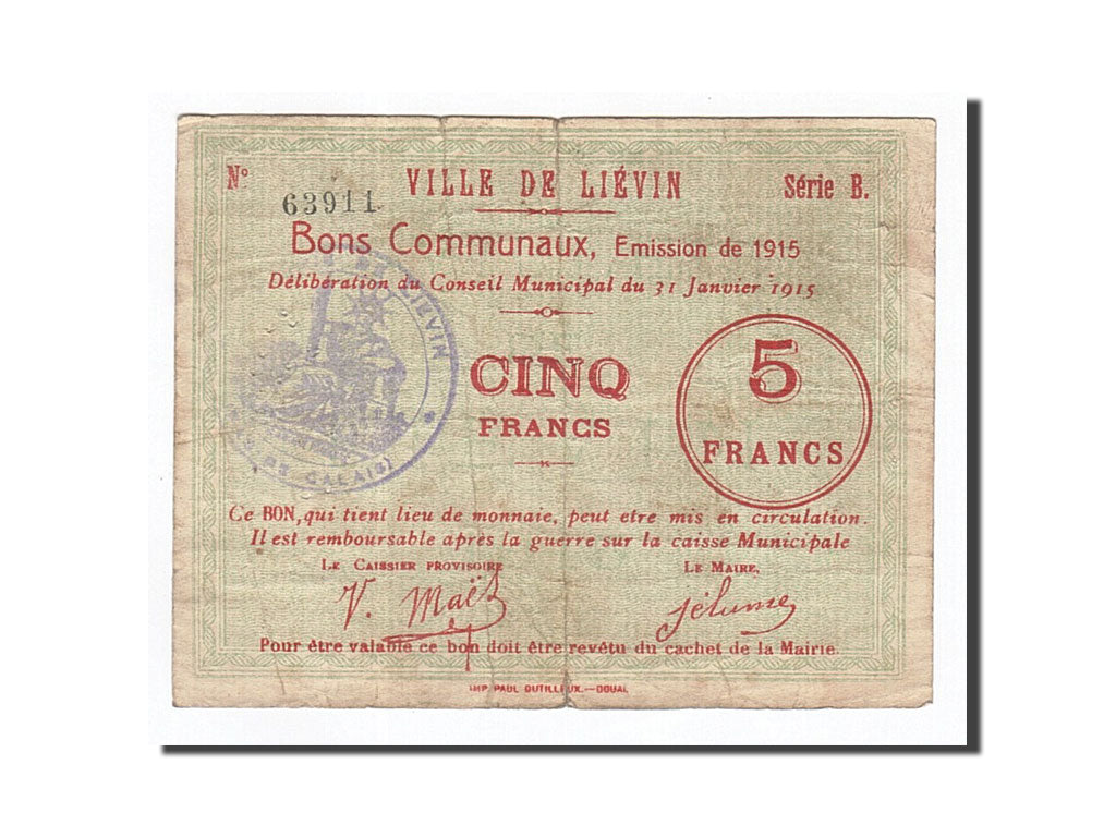 Billete, 5 Francs, Pirot:62-809, 1915, Francia, BC, Liévin