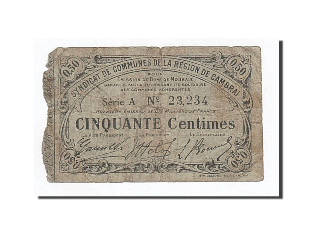 Banconote, Pirot:59-468, B+, Cambrai, 50 Centimes, 1916, Francia