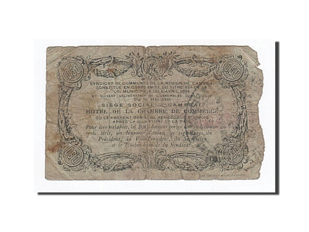 Banconote, Pirot:59-468, B+, Cambrai, 50 Centimes, 1916, Francia