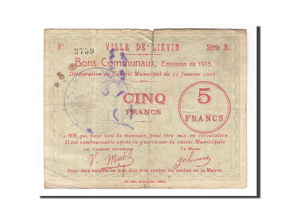 Banknote, Pirot:62-815, 5 Francs, 1915, France, VF(30-35), Liévin