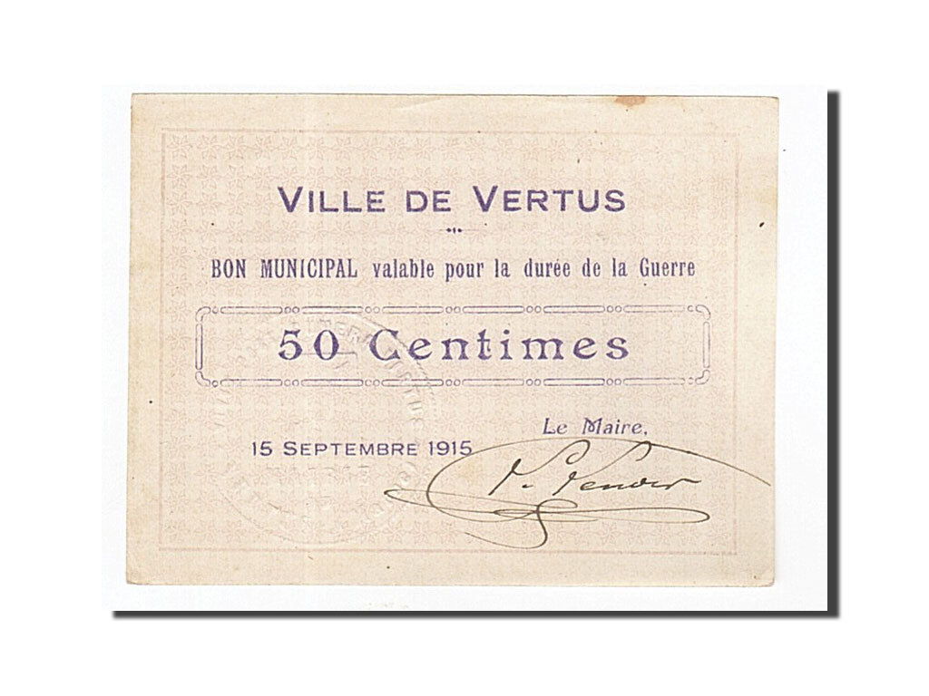 Banconote, Pirot:51-51, SPL, Vertus, 50 Centimes, 1915, Francia