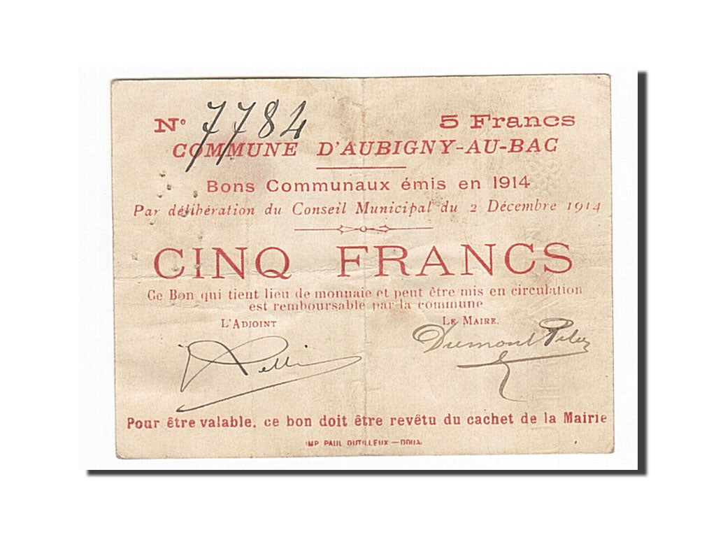 Banconote, Pirot:59-148, BB, Aubigny-au-Bac, 5 Francs, 1914, Francia