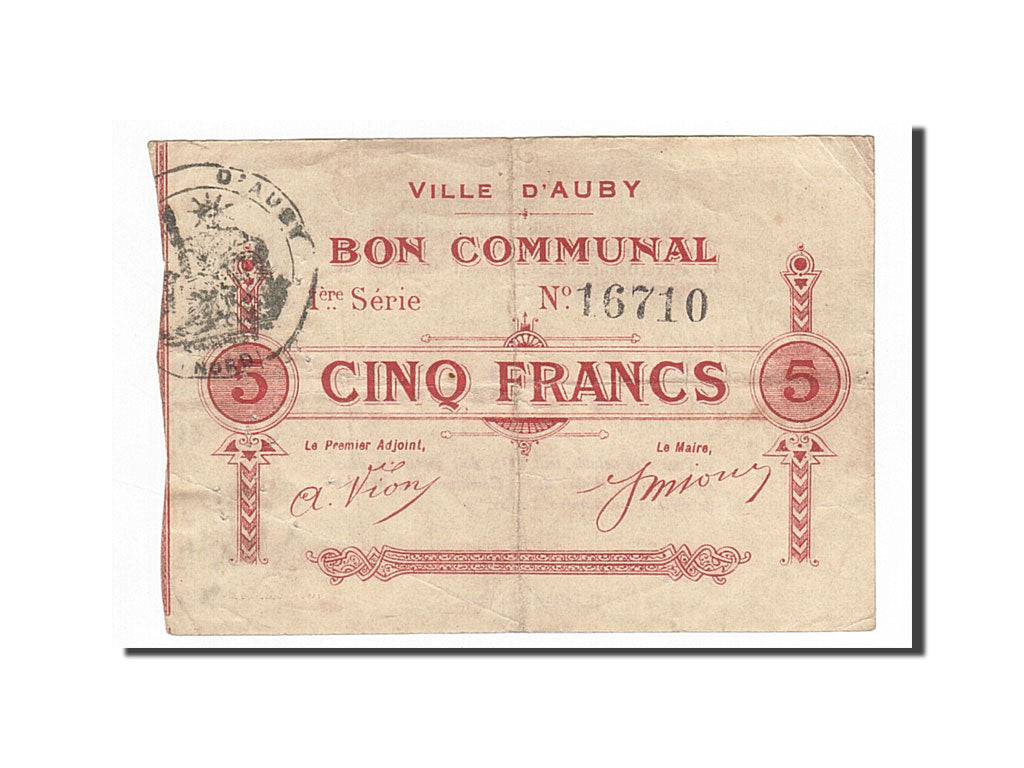 Banconote, Pirot:59-157, BB, Auby, 5 Francs, 1914, Francia