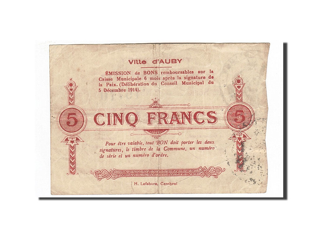 Banconote, Pirot:59-157, BB, Auby, 5 Francs, 1914, Francia