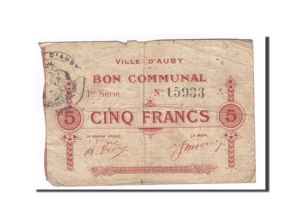 Banconote, Pirot:59-157, MB+, Auby, 5 Francs, 1914, Francia