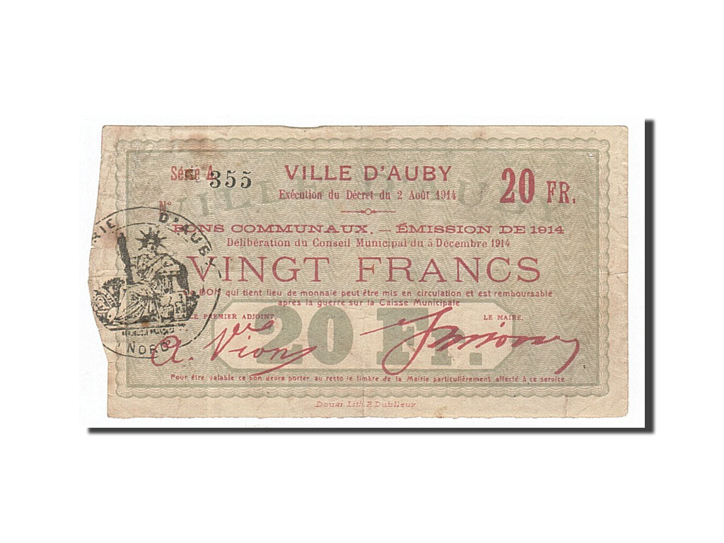 Banknote, Pirot:59-155, 20 Francs, 1914, France, EF(40-45), Auby