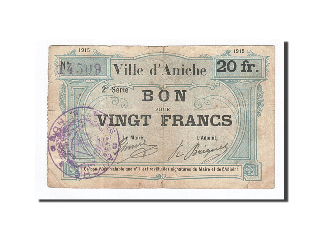 Banconote, Pirot:59-62, MB+, Aniche, 20 Francs, 1915, Francia