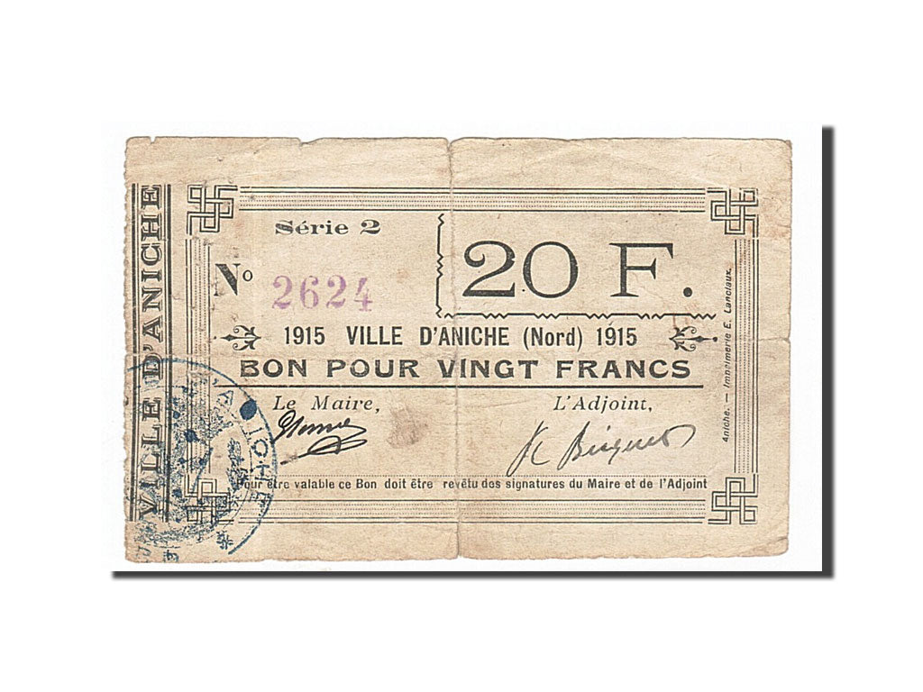 Banconote, Pirot:59-56, MB+, Aniche, 20 Francs, 1915, Francia