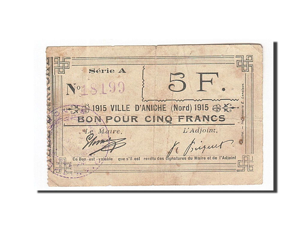 Banconote, Pirot:59-53, BB, Aniche, 5 Francs, 1915, Francia