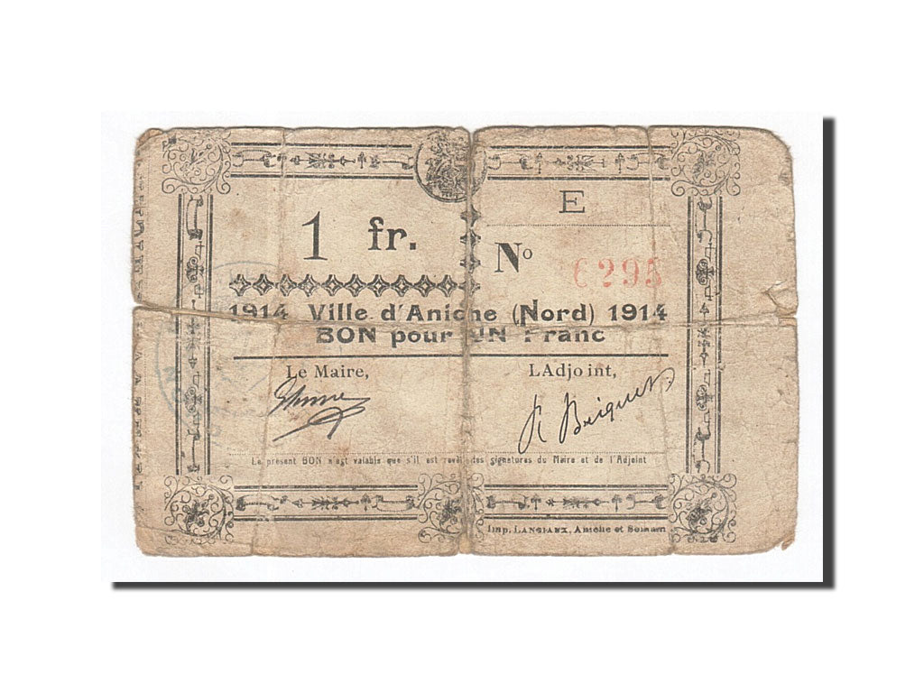 Banconote, Pirot:59-35, B+, Aniche, 1 Franc, 1915, Francia