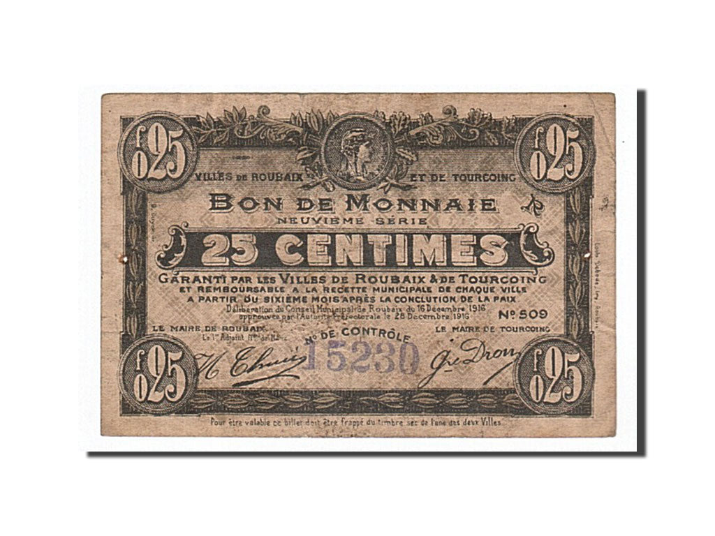 Geldschein, Frankreich, Roubaix et Tourcoing, 25 Centimes, 1916, S+