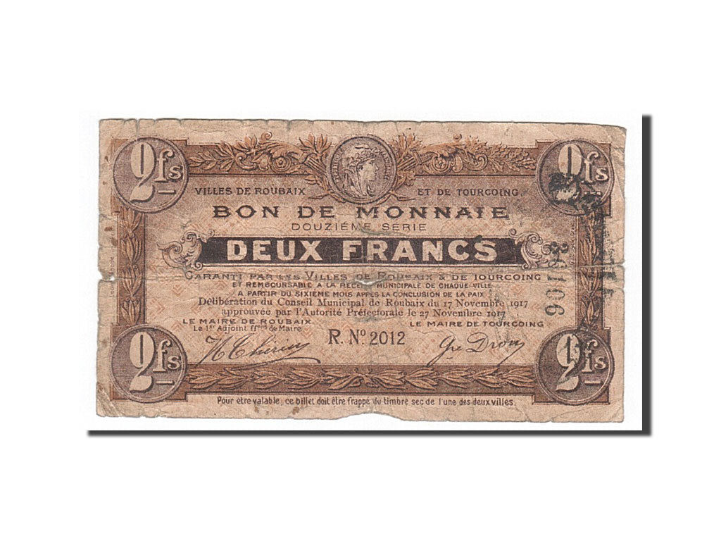 Geldschein, Frankreich, Roubaix et Tourcoing, 2 Francs, 1917, SGE+