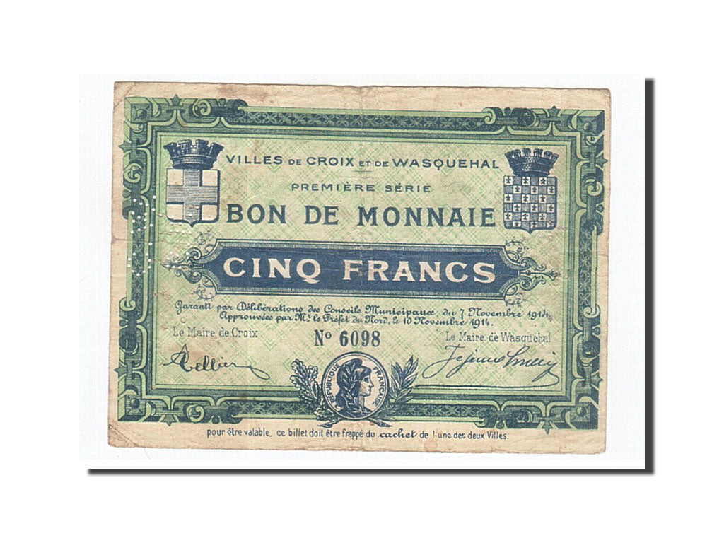 Billete, 5 Francs, Pirot:59-611, 1914, Francia, BC, Croix et Wasquehal