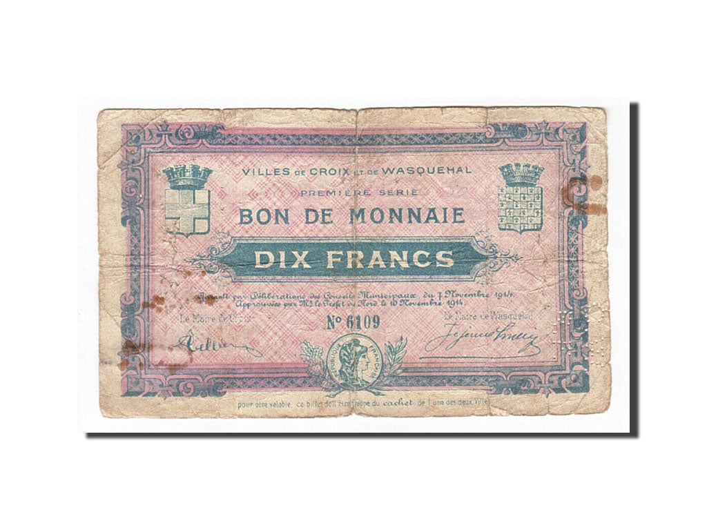 Billete, 10 Francs, Pirot:59-614, 1914, Francia, RC+, Croix et Wasquehal