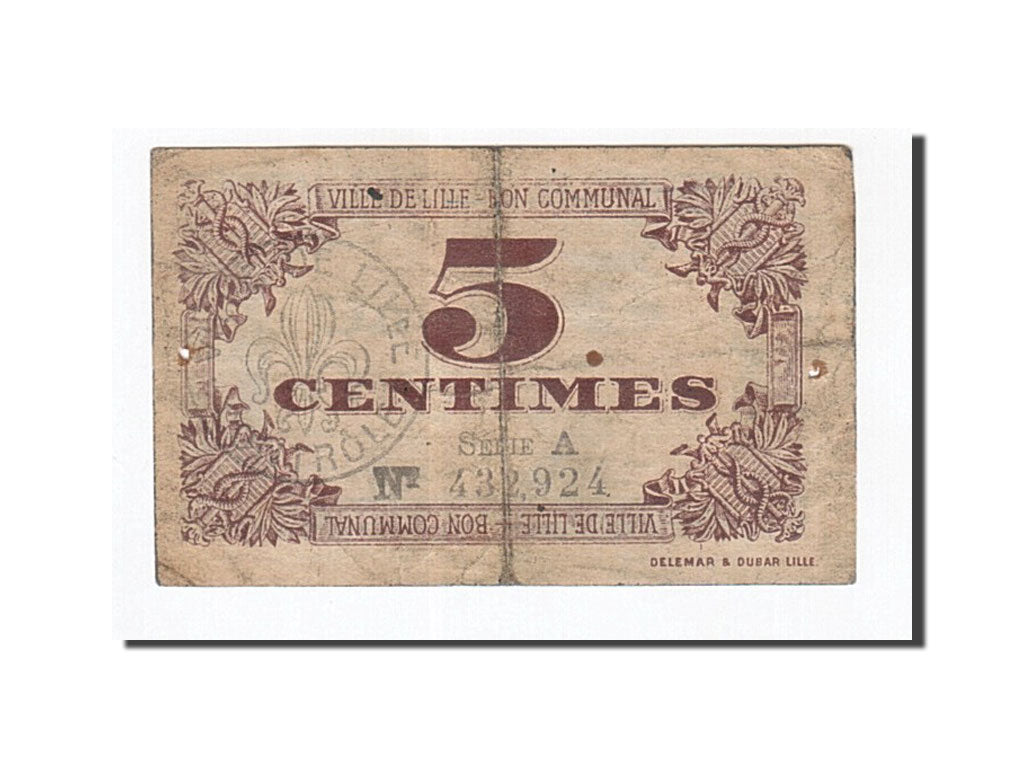 Banconote, Pirot:59-1630, MB, Lille, 5 Centimes, 1917, Francia