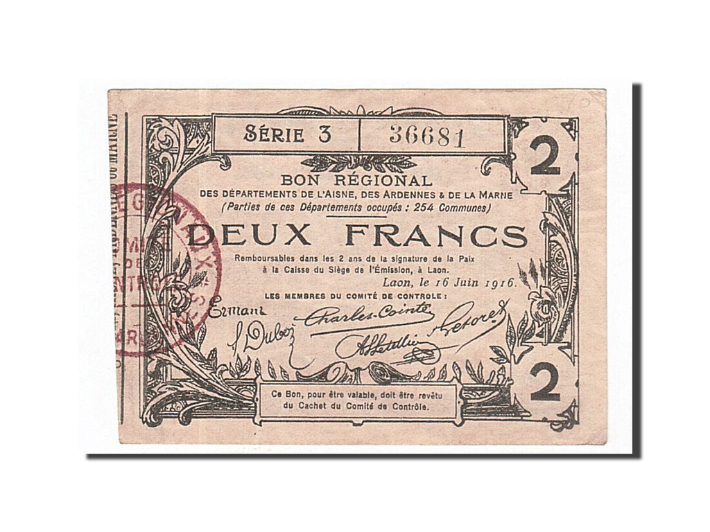 Biljet, Pirot:02-1310, 2 Francs, 1916, Frankrijk, TTB+, Laon
