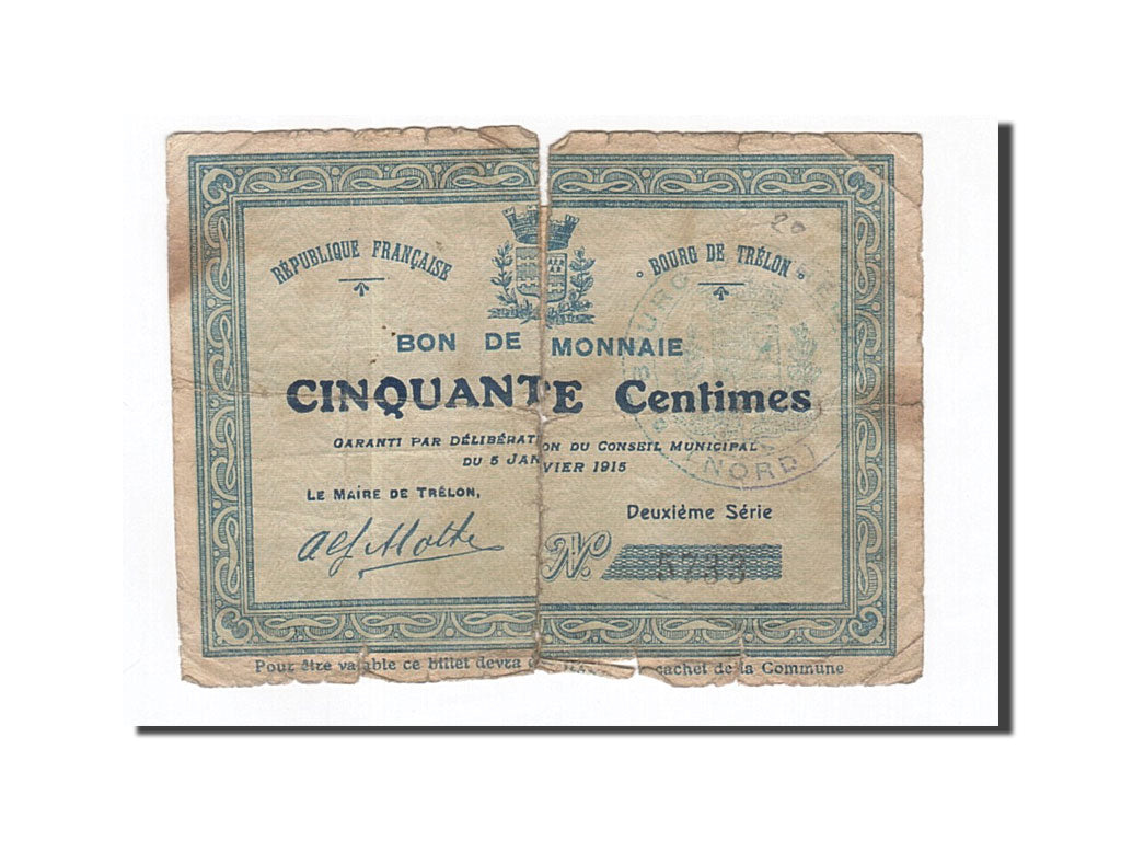 Billete, 50 Centimes, Pirot:59-2519, 1915, Francia, RC, Trélon