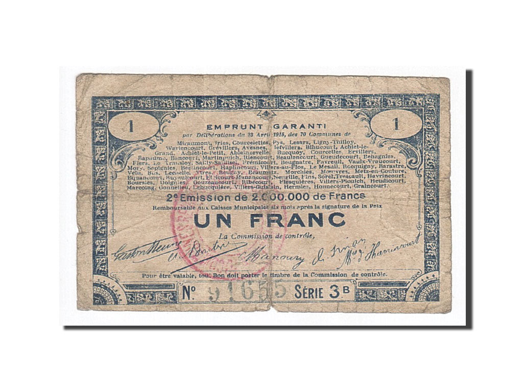 Banconote, Pirot:62-70, MB, 70 Communes, 1 Franc, 1915, Francia