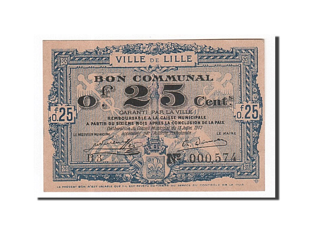 Billete, 25 Centimes, Pirot:59-1621, 1917, Francia, UNC, Lille