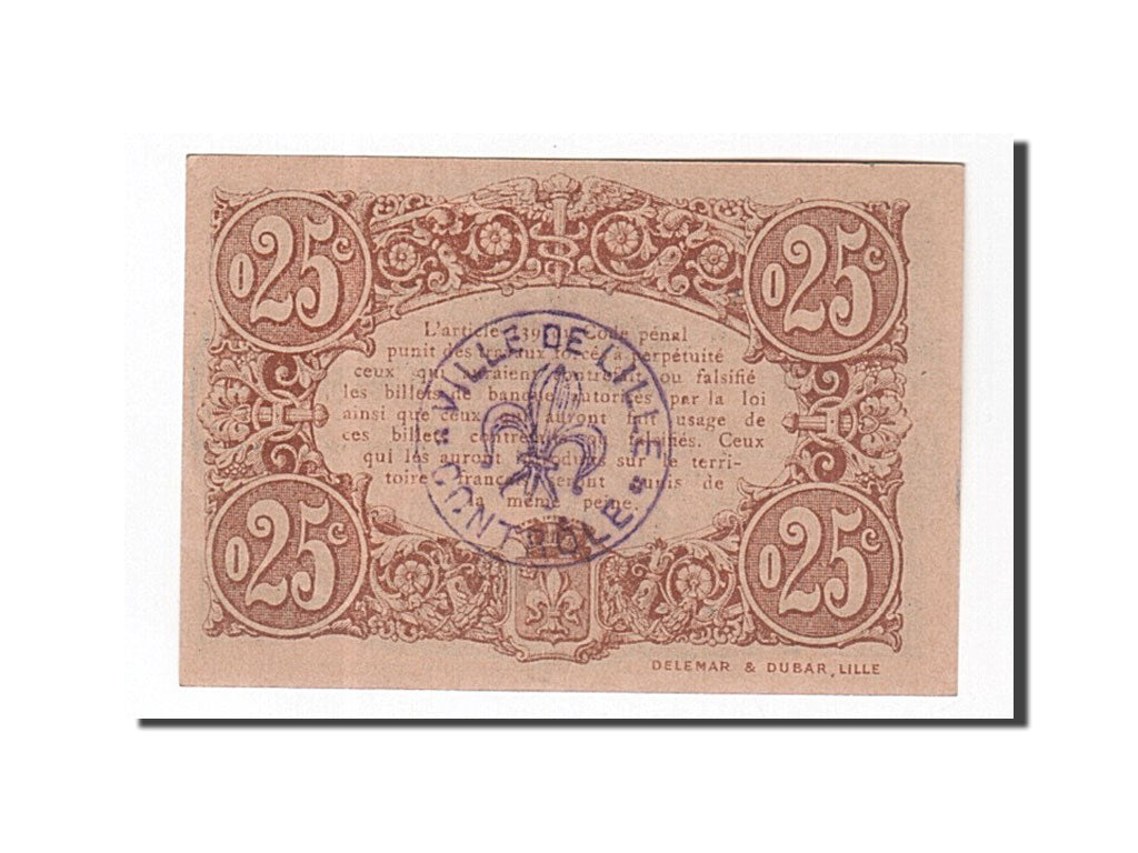 Billete, 25 Centimes, Pirot:59-1621, 1917, Francia, UNC, Lille