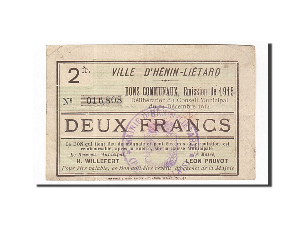 Banconote, Pirot:62-718, BB, Hénin-Liétard, 2 Francs, 1914, Francia
