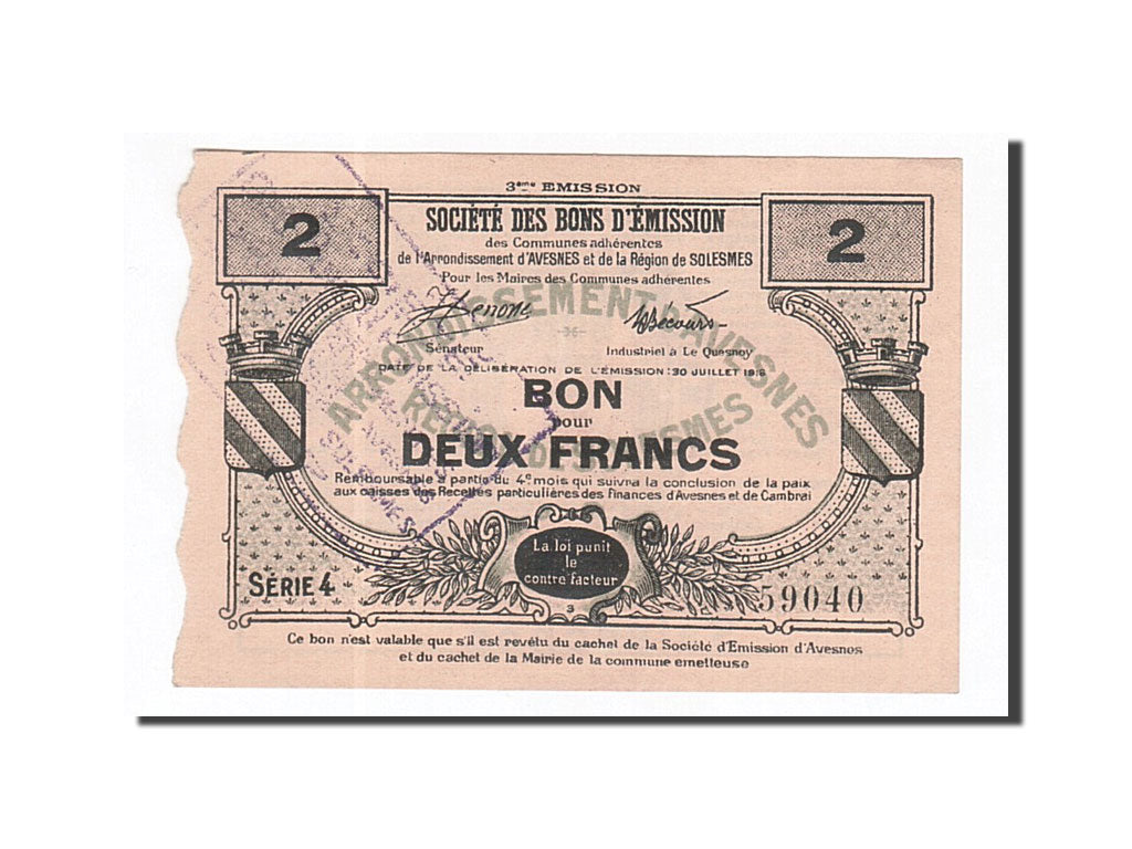 Billet, France, Avesnes, 2 Francs, 1916, NEUF, Pirot:59-208