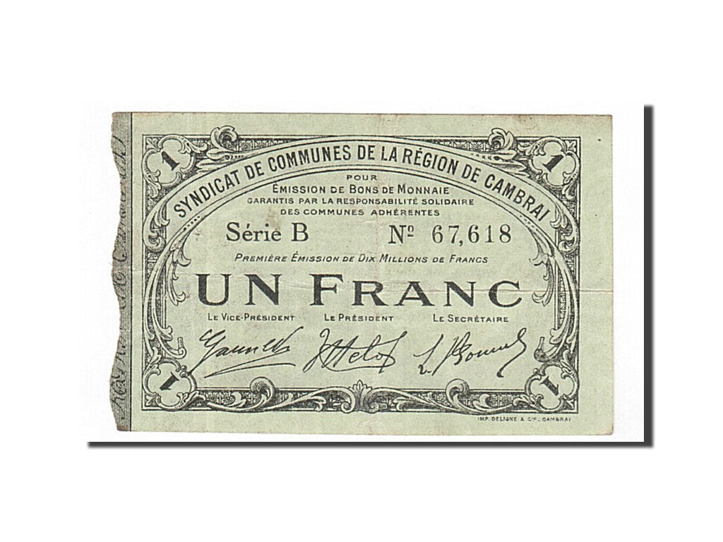 Billete, 1 Franc, Pirot:59-469, 1916, Francia, MBC, Cambrai