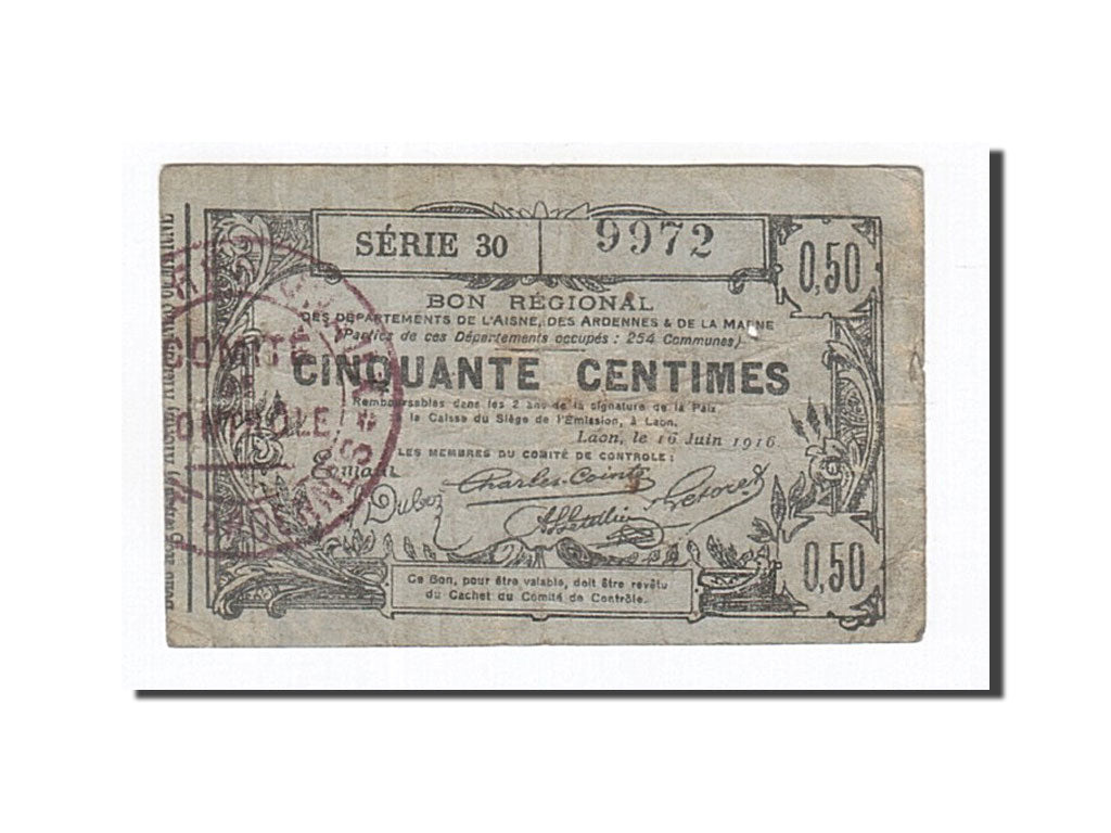 Banknote, Pirot:02-1308, 50 Centimes, 1916, France, VF(30-35), Laon