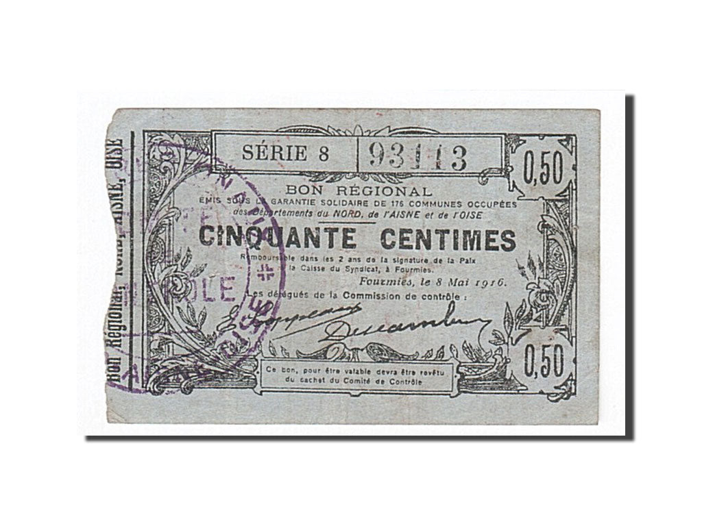 Billete, 50 Centimes, Pirot:59-1115, 1916, Francia, MBC+, Fourmies