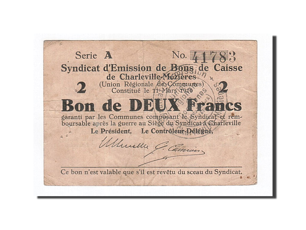 Banknote, Pirot:08-84, 2 Francs, 1916, France, EF(40-45), Charleville-Mézières