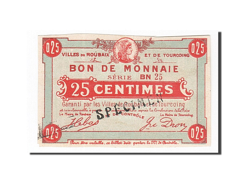 Billete, 25 Centimes, Pirot:59-2052, Francia, MBC+, Roubaix et Tourcoing