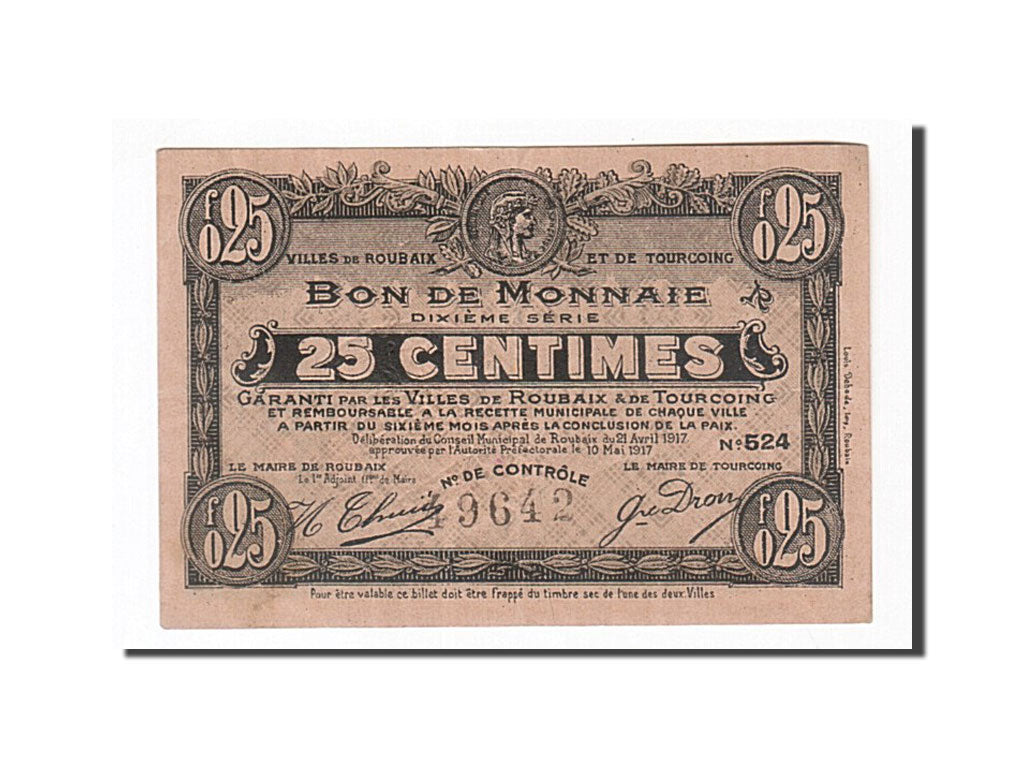 Billete, 25 Centimes, Pirot:59-2151, 1917, Francia, MBC+, Roubaix et Tourcoing
