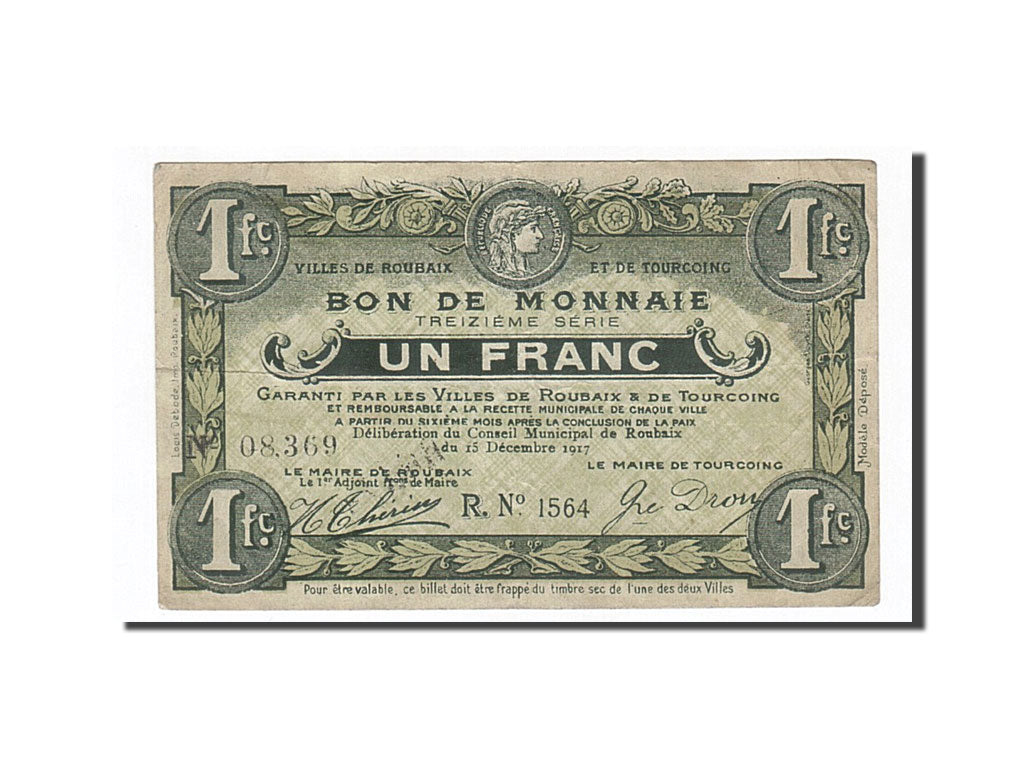 Billete, 1 Franc, Pirot:59-2212, 1917, Francia, MBC, Roubaix et Tourcoing