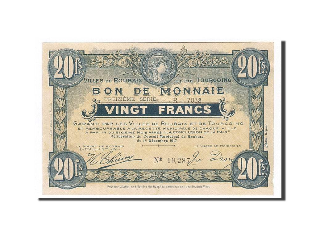 Billete, 20 Francs, Pirot:59-2219, 1917, Francia, EBC, Roubaix et Tourcoing
