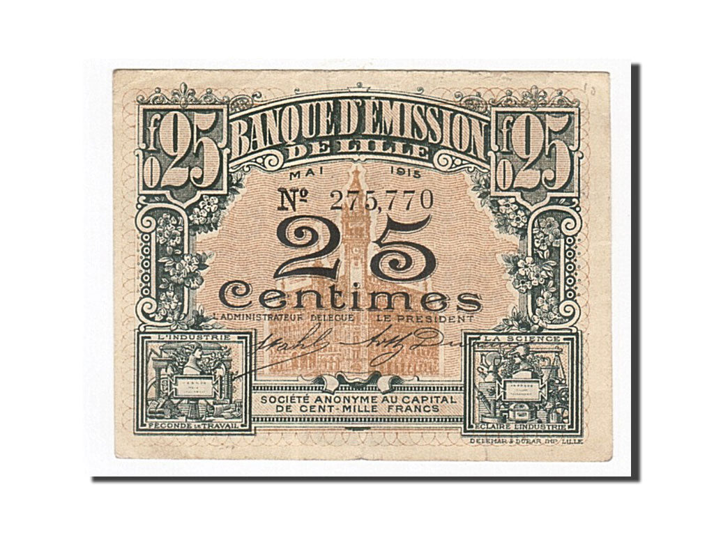 Billete, 25 Centimes, Pirot:59-1596, 1915, Francia, MBC, Lille