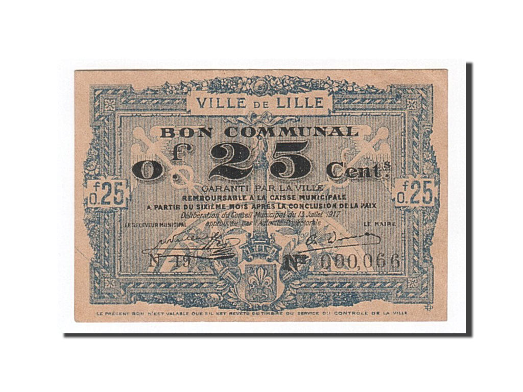 Billete, 25 Centimes, Pirot:59-1621, 1917, Francia, SC, Lille