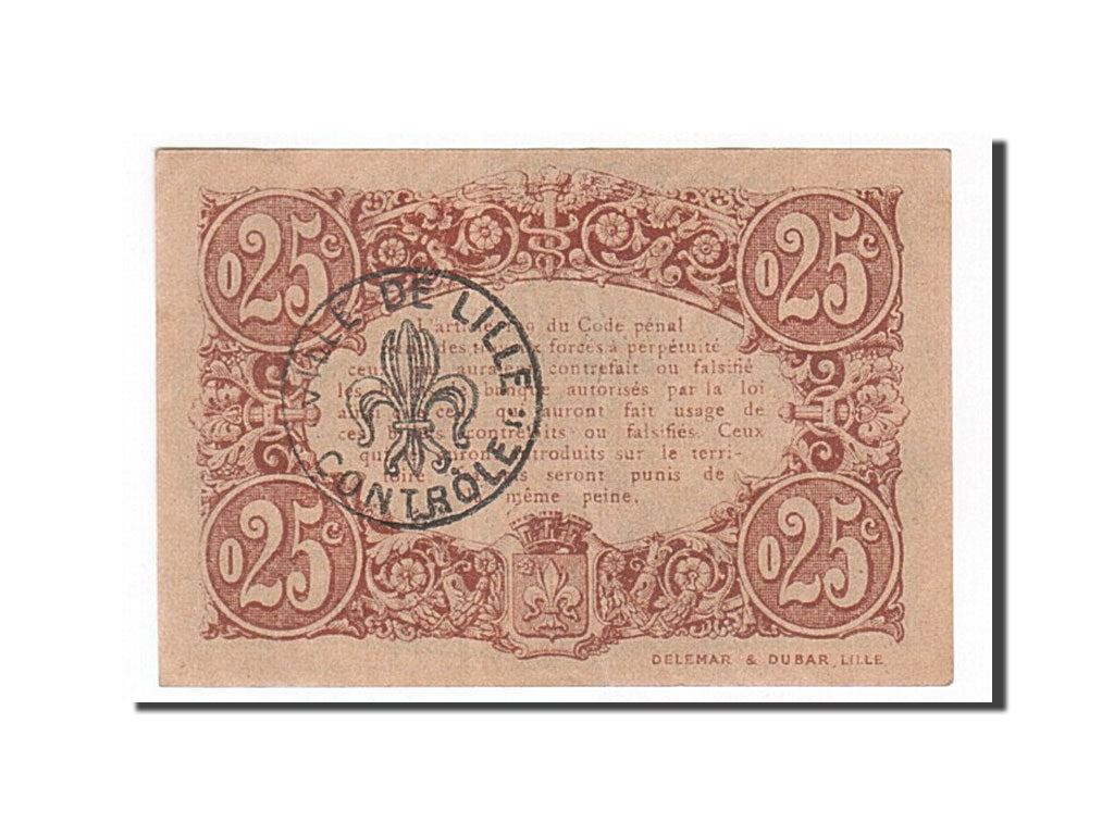 Billete, 25 Centimes, Pirot:59-1621, 1917, Francia, SC, Lille